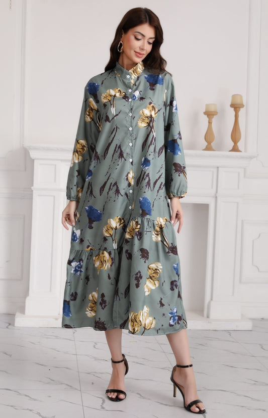 Floral Print Long Dress with Comfortable Cotton-Linen Blend Fabric