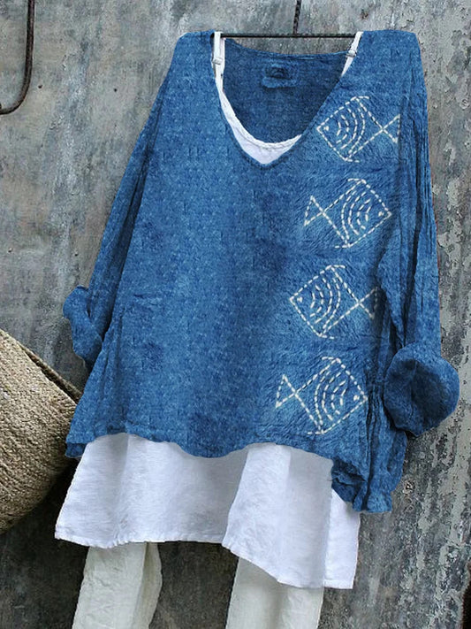 Pullover Fish Loose Casual Long Sleeves Printed Blouse