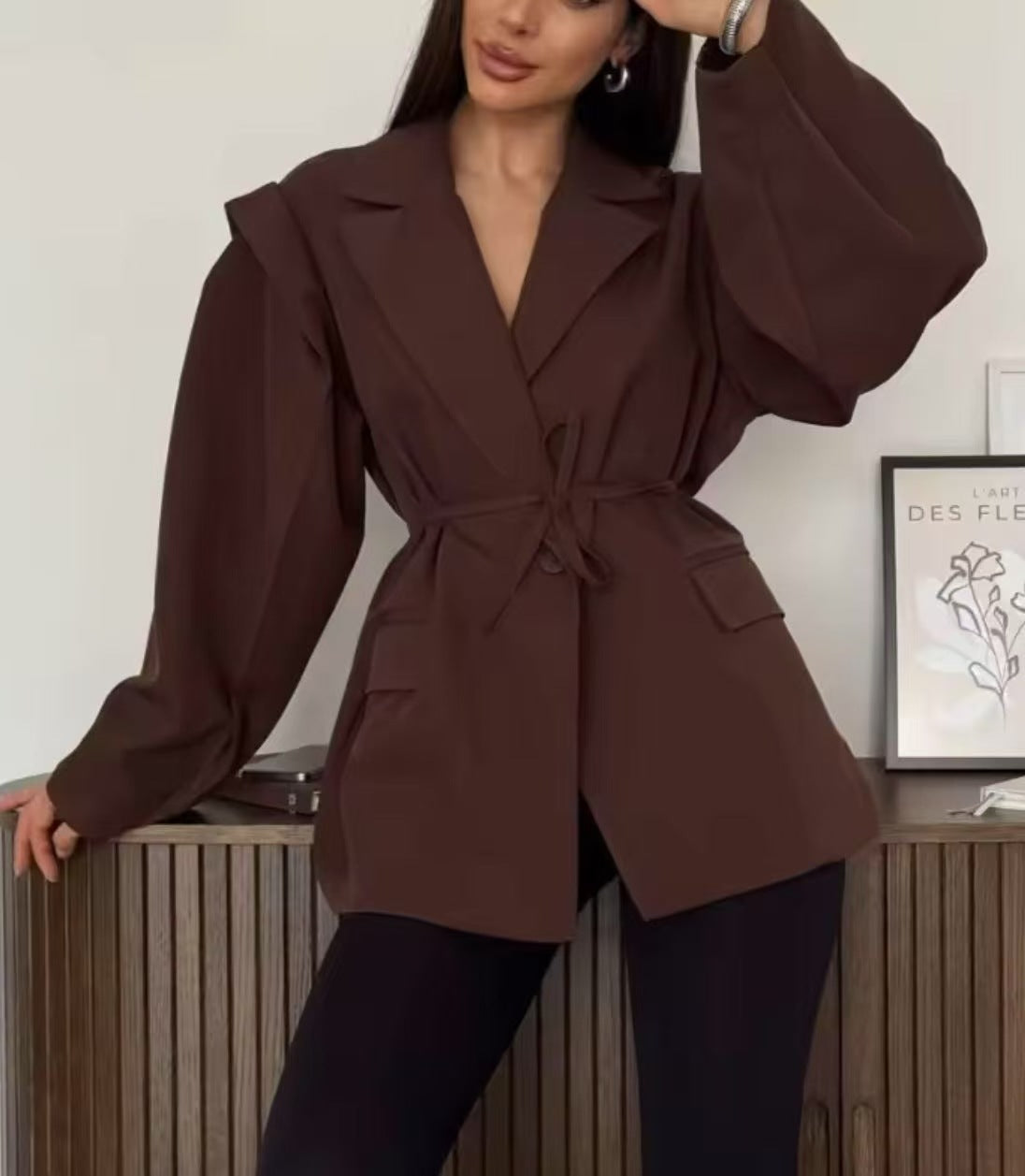 Padded Shoulder Blazer with Lace-up Waist Control for a Flattering Fit