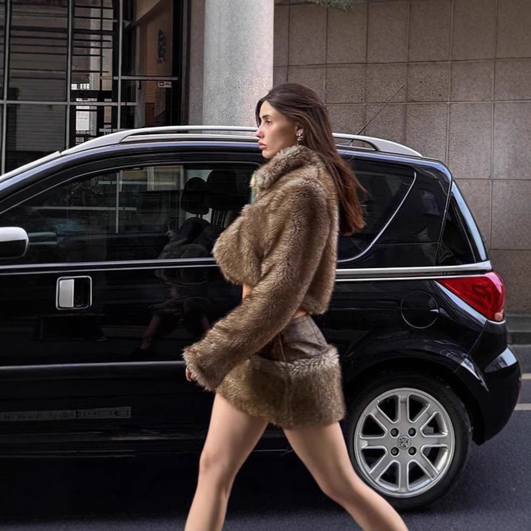 Retro Short Furry Skirt with Stylish Zipper Detail