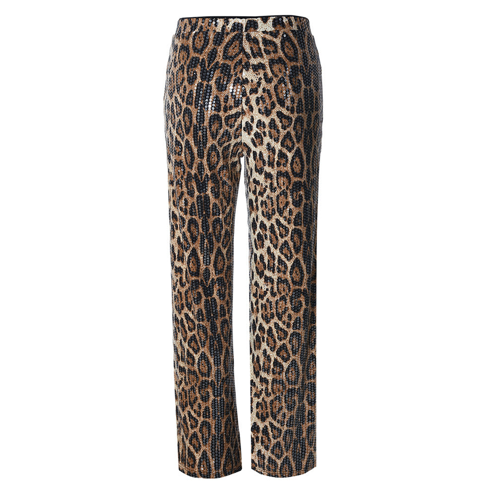 Leopard Print Straight-leg Trousers with Sparkling Sequins Detail