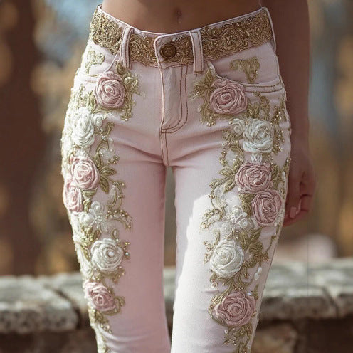 Retro Pink Rose Embroidered Artistic Printed Jeans for a Unique Style