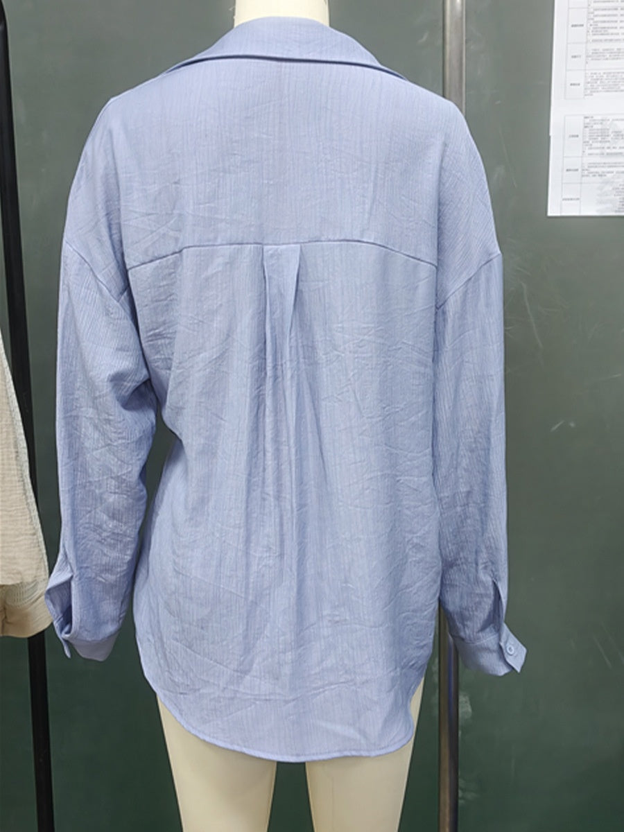 Blue Long Sleeved Shirt with Lace-up Cardigan Style