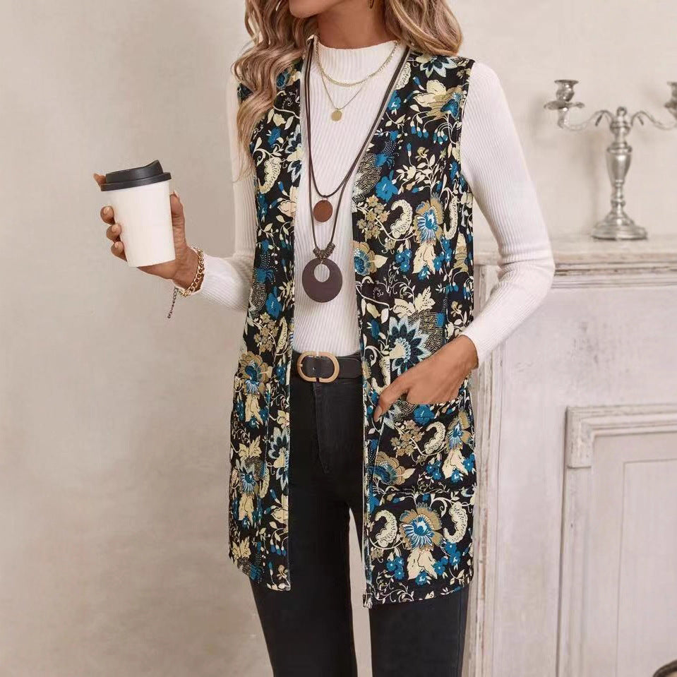 Casual Printing Coat with Fresh Floral Design and Sleeveless Style