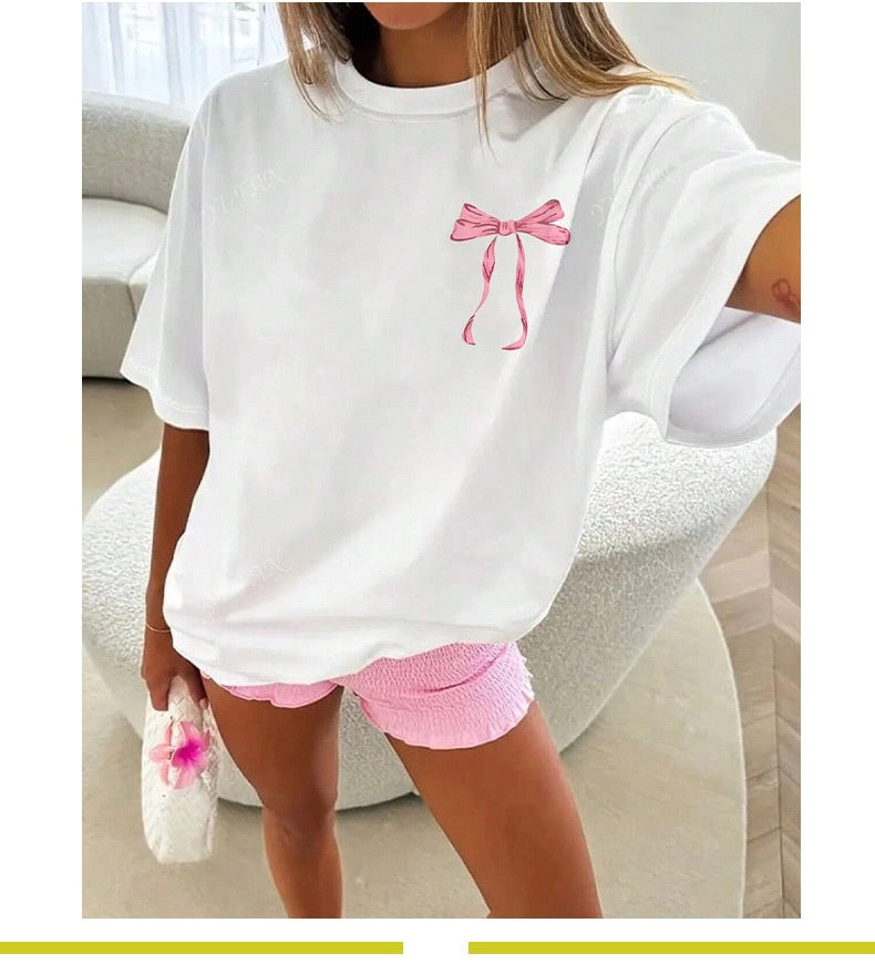 Round Neck Polyester Short-Sleeved Top with Bow Print Design