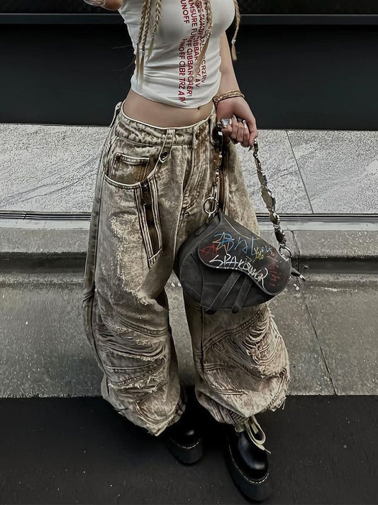 Loose Versatile American Floor Bending Knife Pants with High Waist