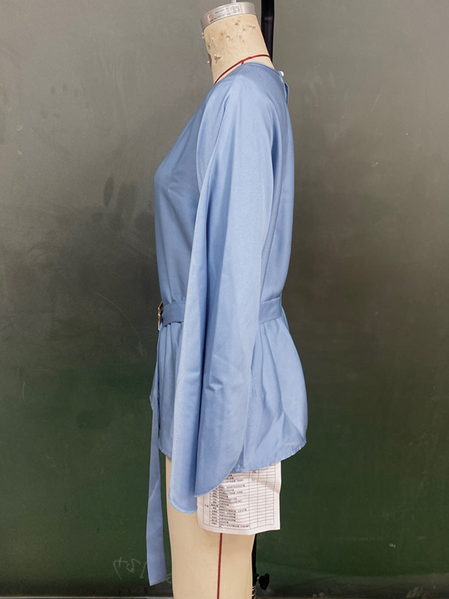 Solid Color Flared Half Sleeve Shirt with Bell Sleeve Design