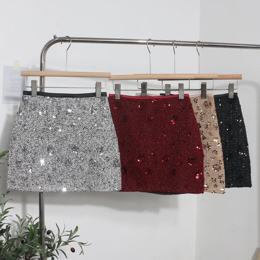 Sequined Red A-Line Skirt with High Waist Slimming Design