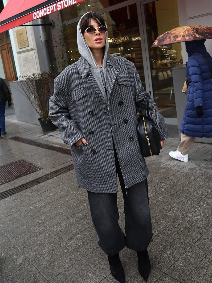 Mid-length Double-breasted Coat with Classic British Style