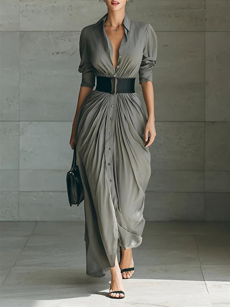 Shirt Dress with Elegant Lapel and Belt for Sophisticated Style