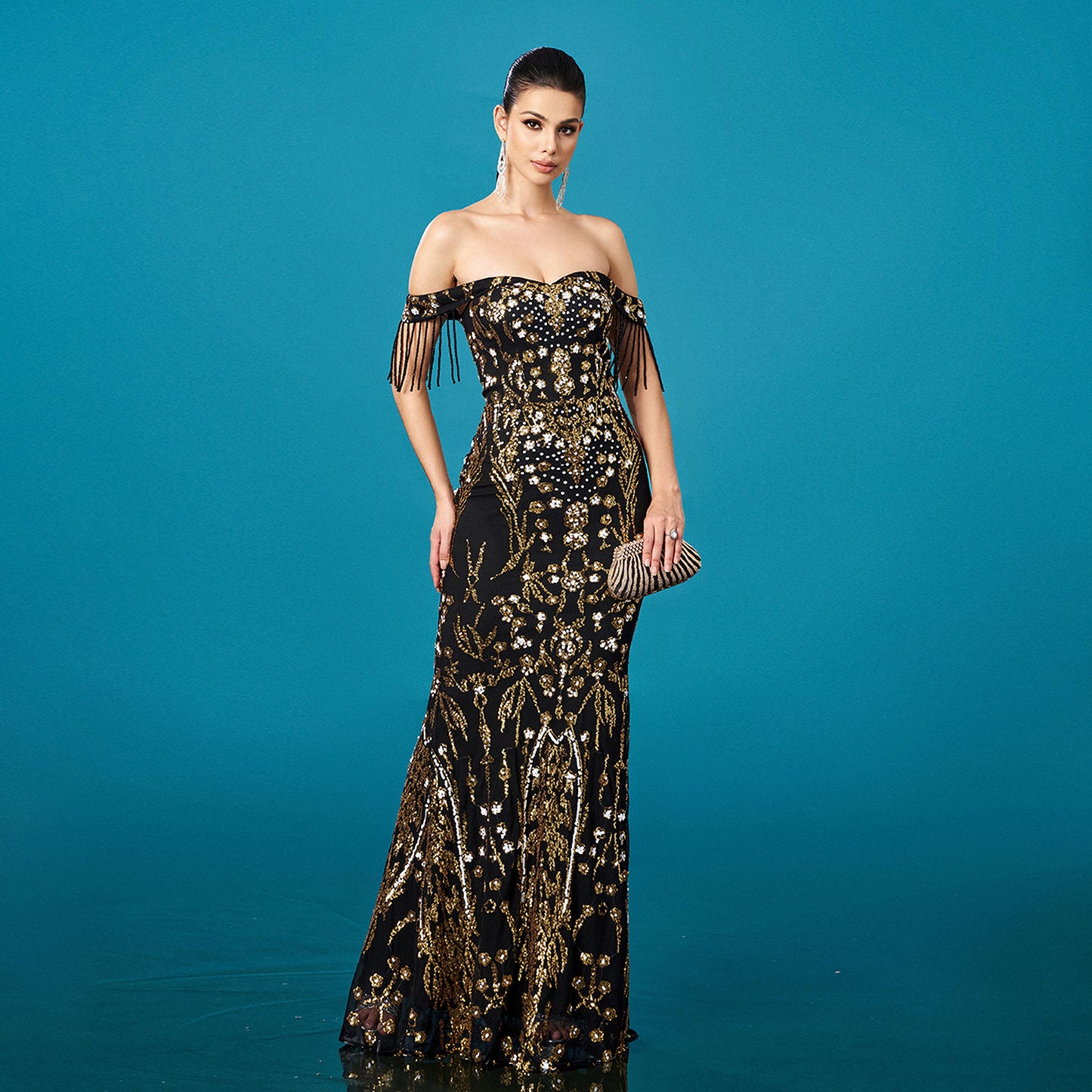 Fishtail Evening Dress with Off-neck Tassel Sequins for Banquet