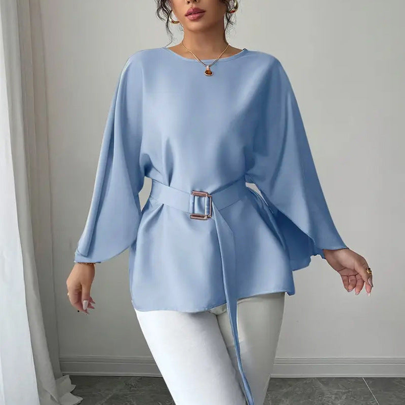Solid Color Flared Half Sleeve Shirt with Bell Sleeve Design