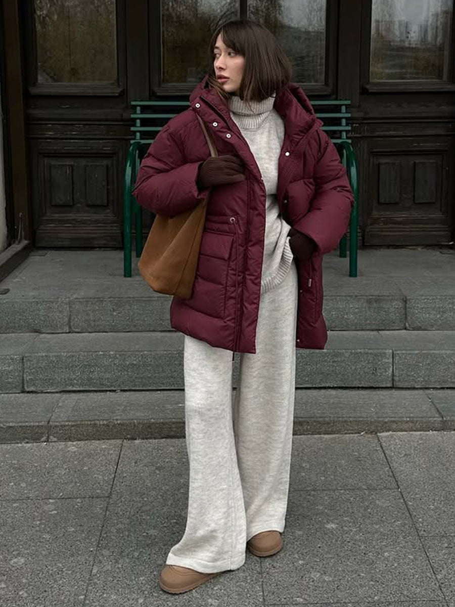 Hooded Cotton Jacket with Lace-up Waist and Zipper Closure