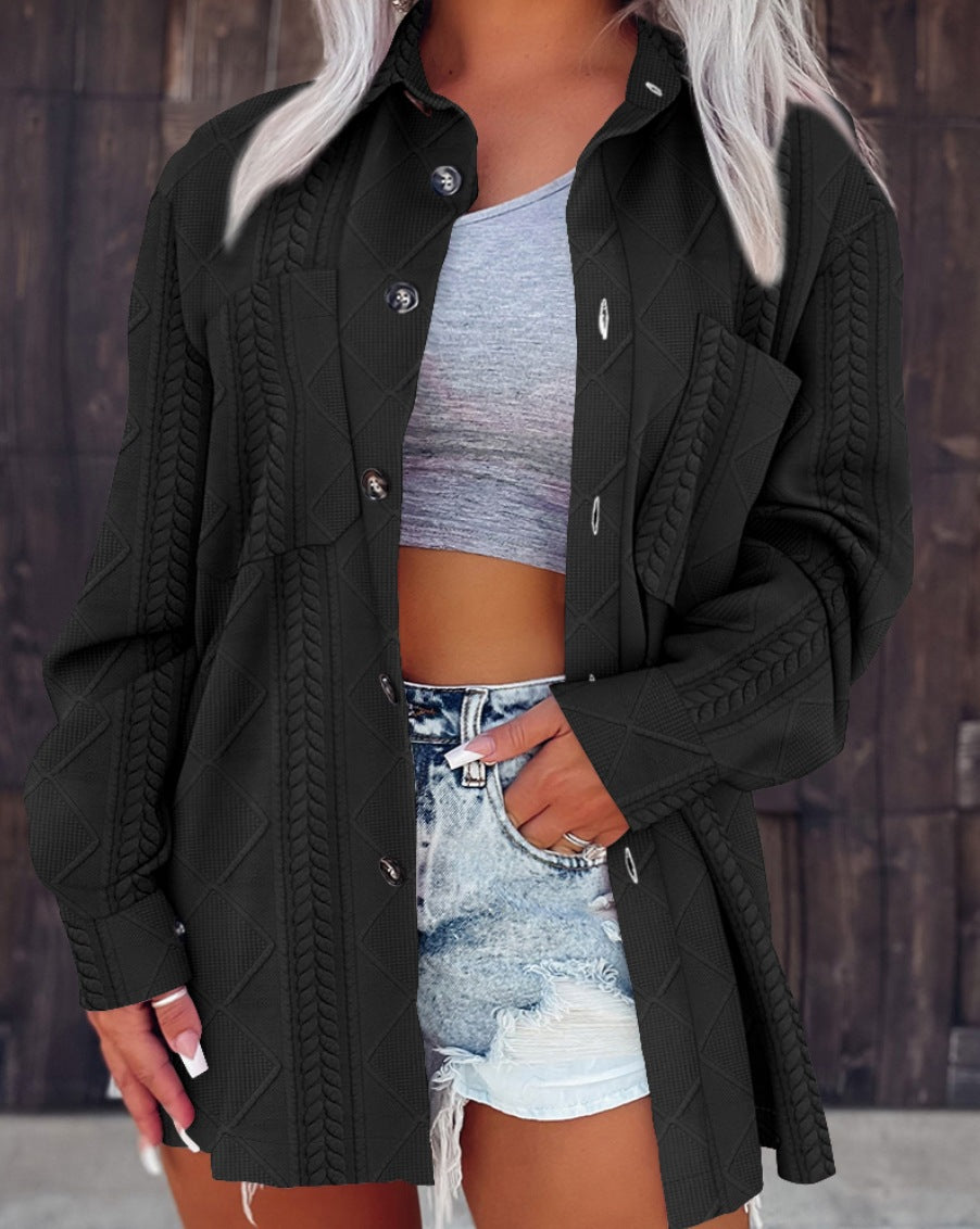 Polo Collar Knitting Patterns Coat with Stylish Button Details