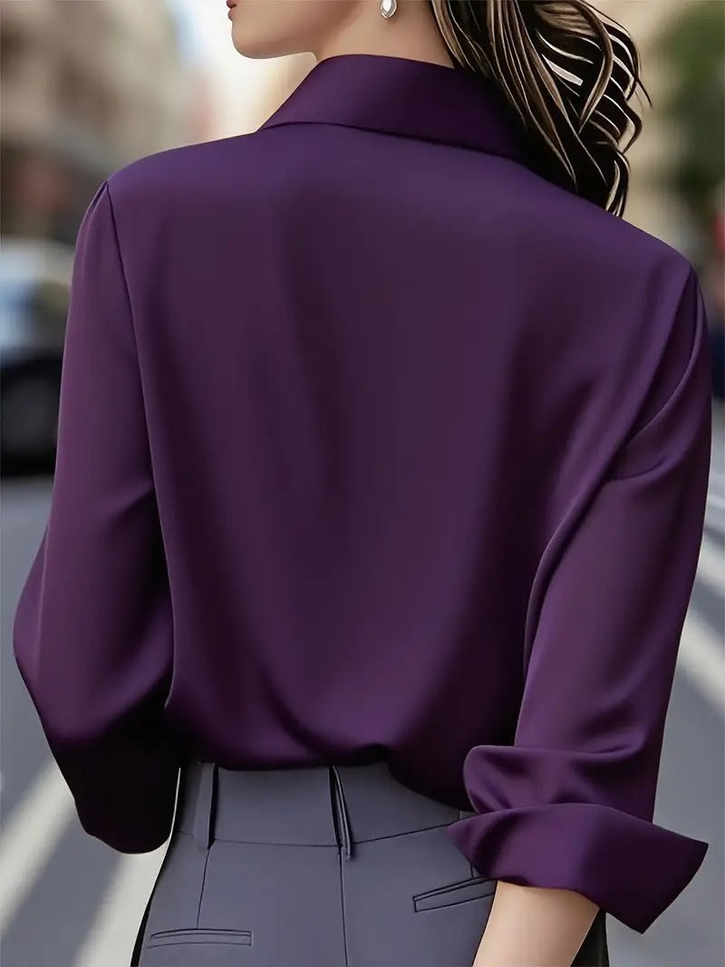 Satin Blouse with Long Sleeve Lapel Design for Effortless Elegance